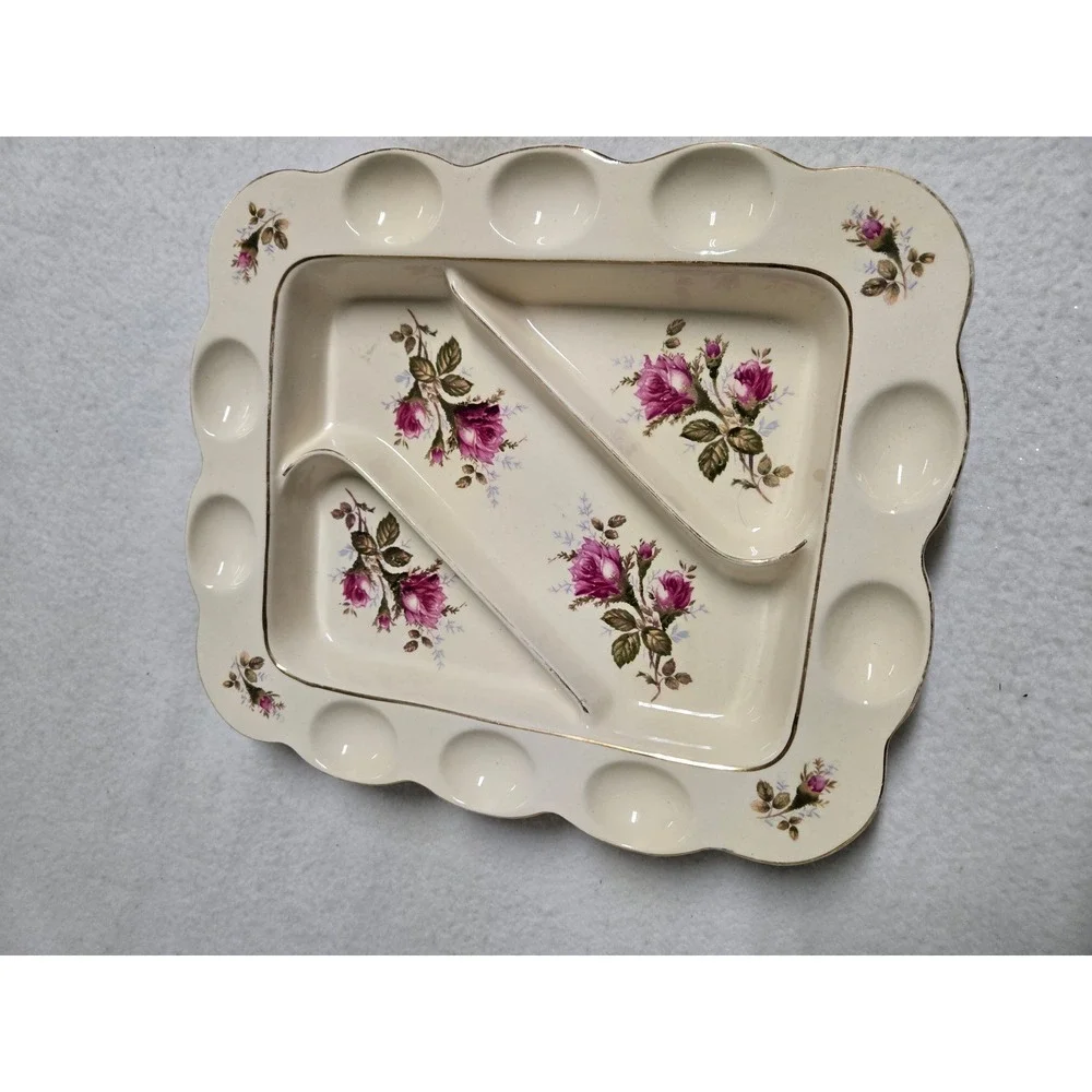 Vintage Deviled Egg Platter 12 Egg Rose Floral Divided Relish Serving Tray